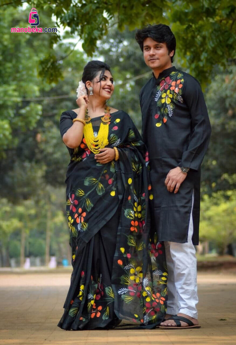 হ্যান্ড প্রিন্ট কাপল সেট (শাড়ি ও পাঞ্জাবি)