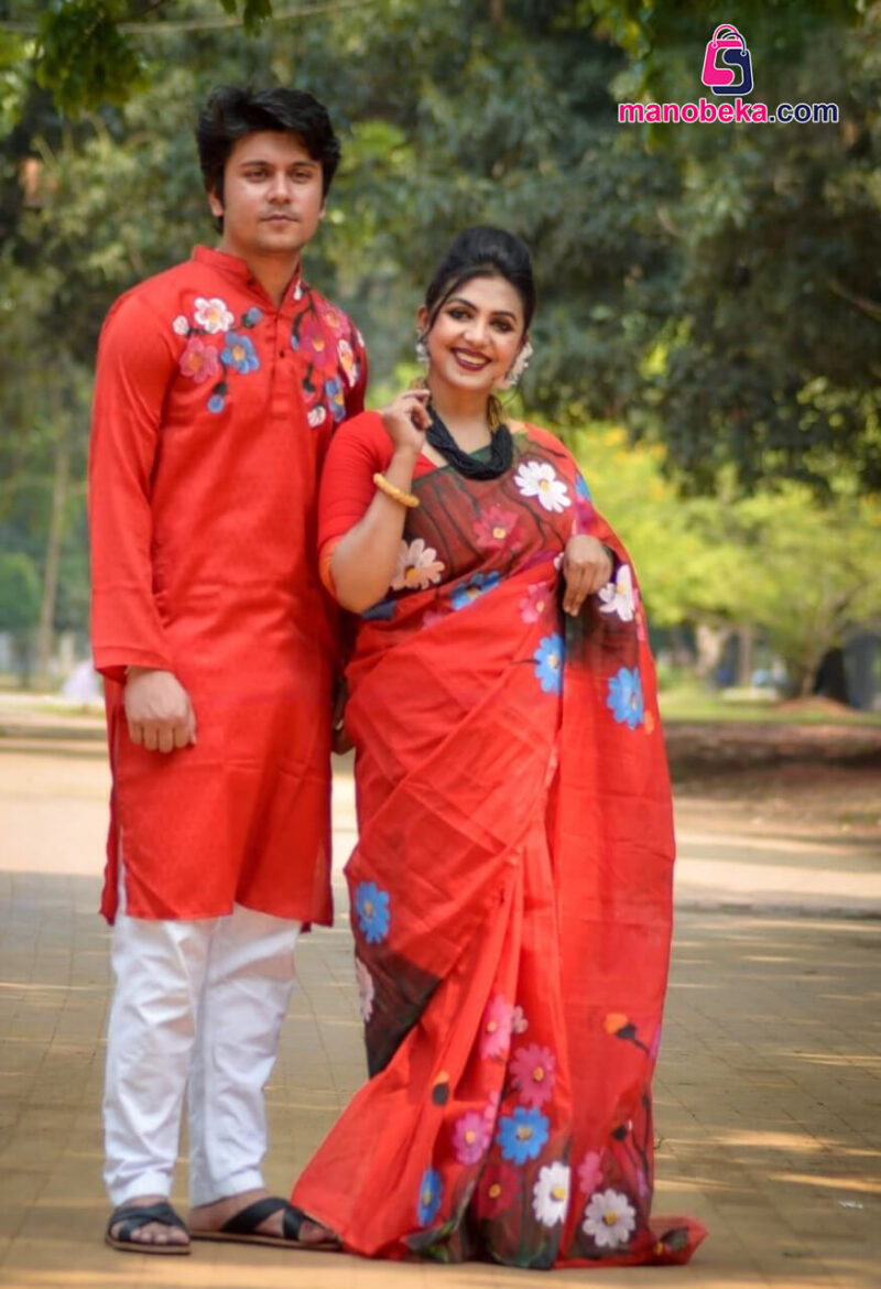 হ্যান্ড প্রিন্ট কাপল সেট (শাড়ি ও পাঞ্জাবি)
