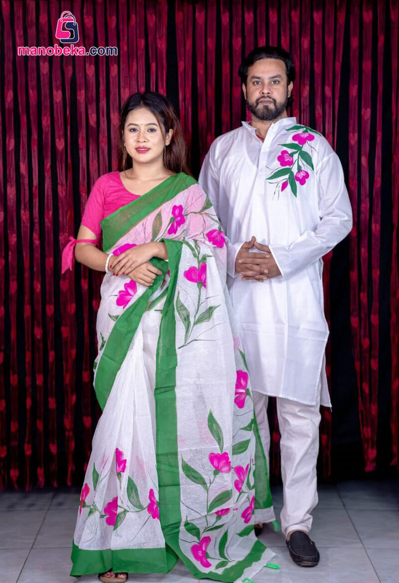 হ্যান্ড প্রিন্ট কাপল সেট (শাড়ি ও পাঞ্জাবি)