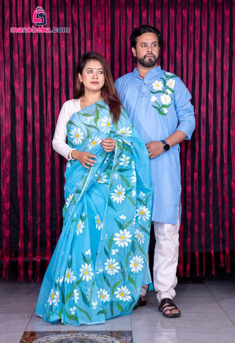 হ্যান্ড প্রিন্ট কাপল সেট (শাড়ি ও পাঞ্জাবি)
