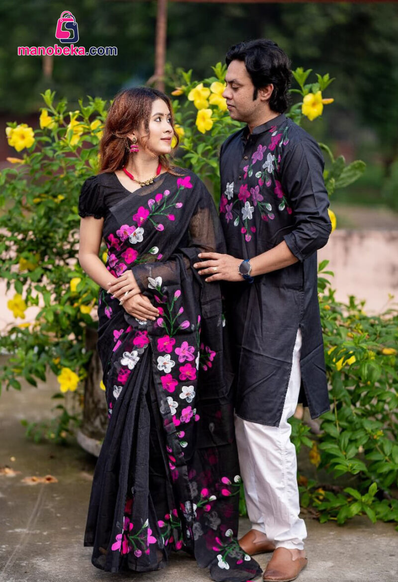 হ্যান্ড প্রিন্ট কাপল সেট (শাড়ি ও পাঞ্জাবি)