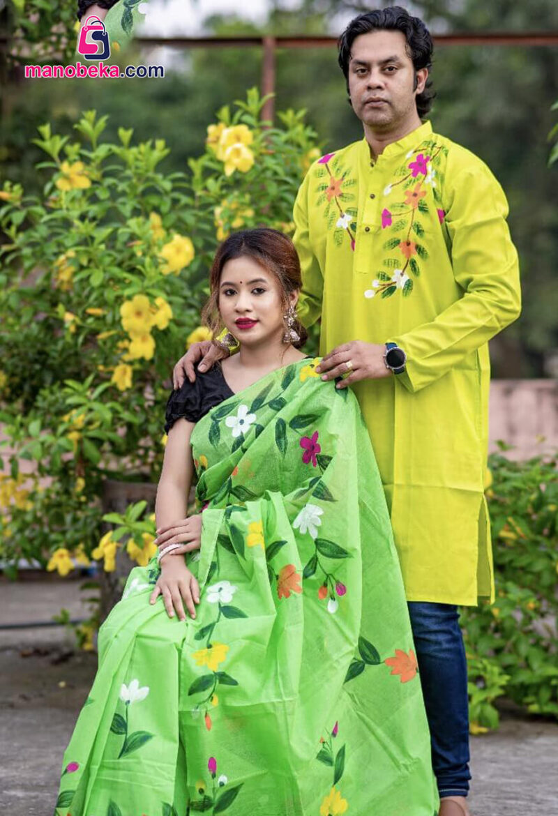 হ্যান্ড প্রিন্ট কাপল সেট (শাড়ি ও পাঞ্জাবি)