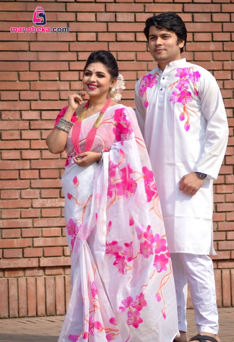 হ্যান্ড প্রিন্ট কাপল সেট (শাড়ি ও পাঞ্জাবি)
